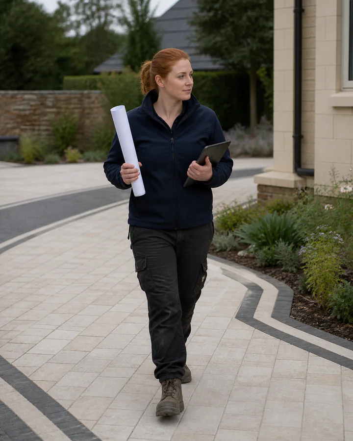 Jess walking a finished paved approach with a drawing and tablet
