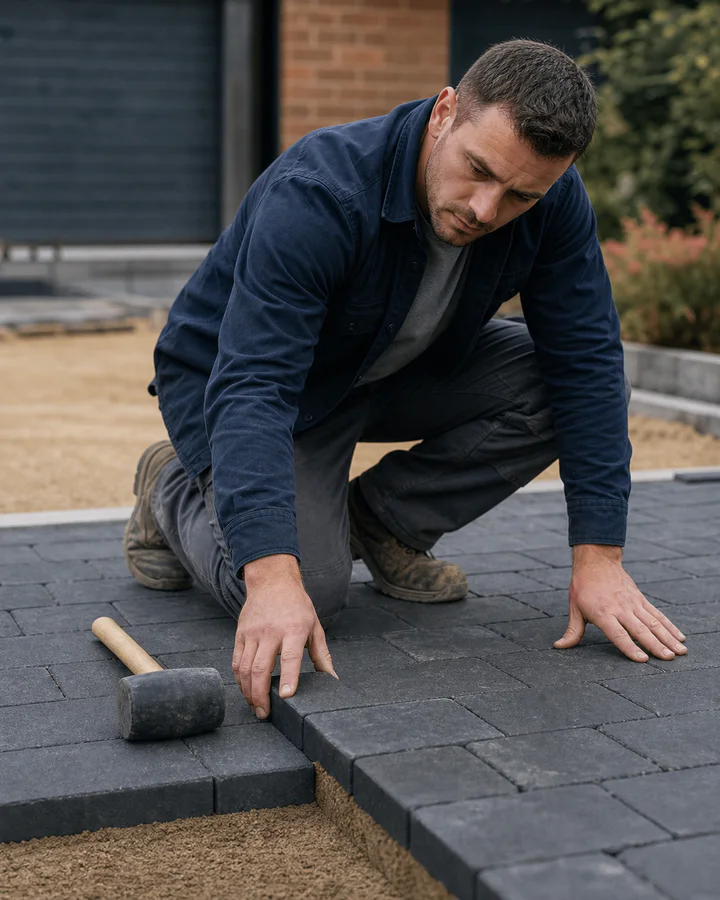 Liam aligning charcoal paving blocks on a residential driveway