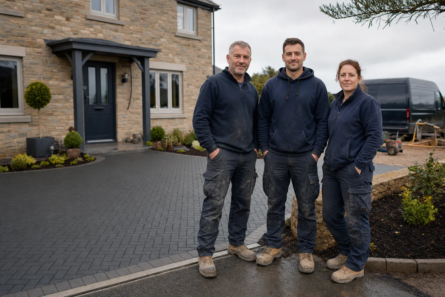 Illustrative three-person Isca Paving team standing on a completed charcoal block driveway