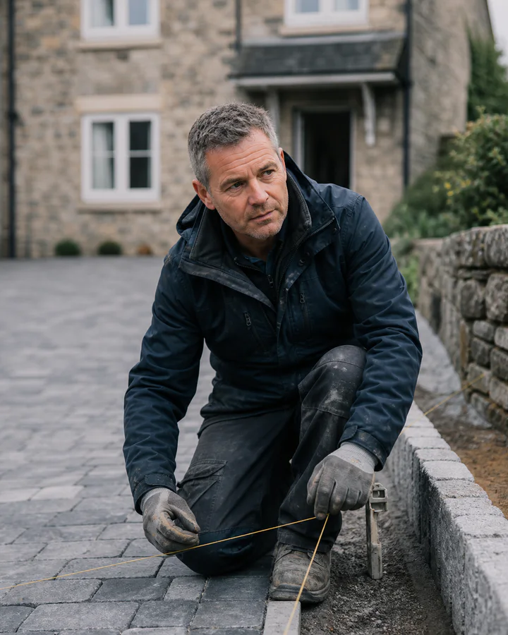 Tom checking a string line beside a newly paved driveway