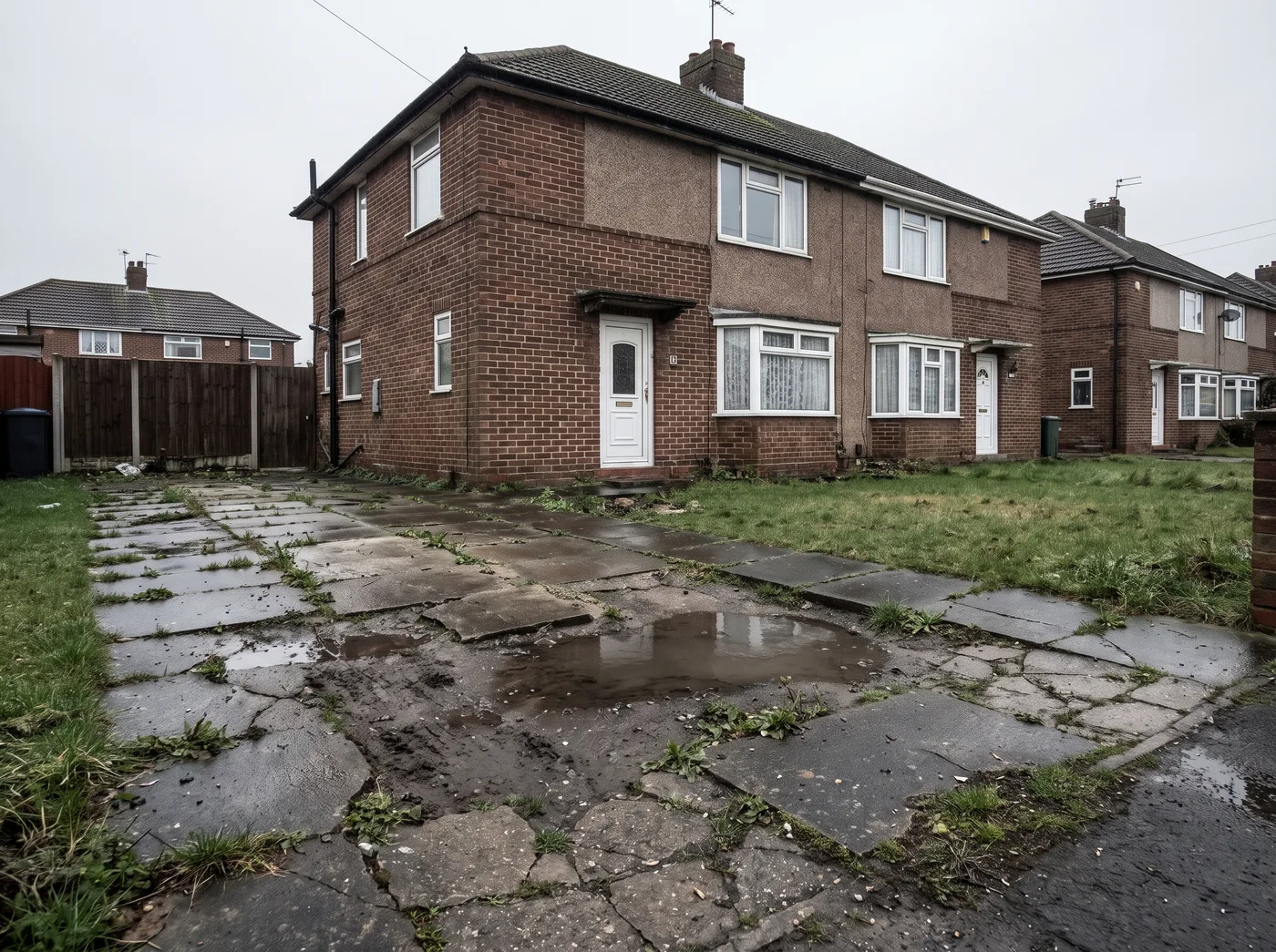 Cracked and sunken concrete driveway with weeds and a standing puddle in front of a brick semi-detached house