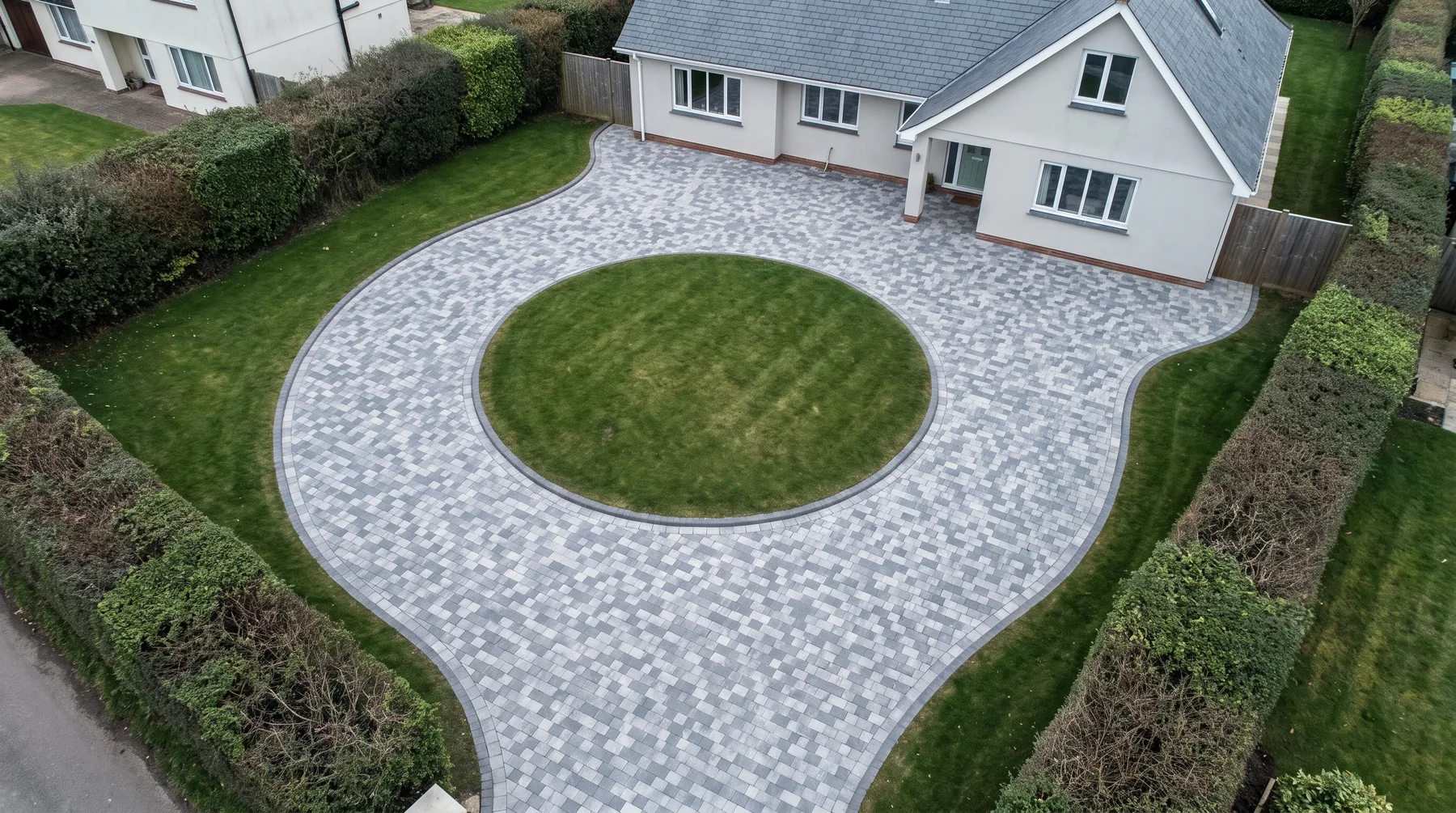 Aerial view of a completed horseshoe driveway in grey block paving around a circular lawn
