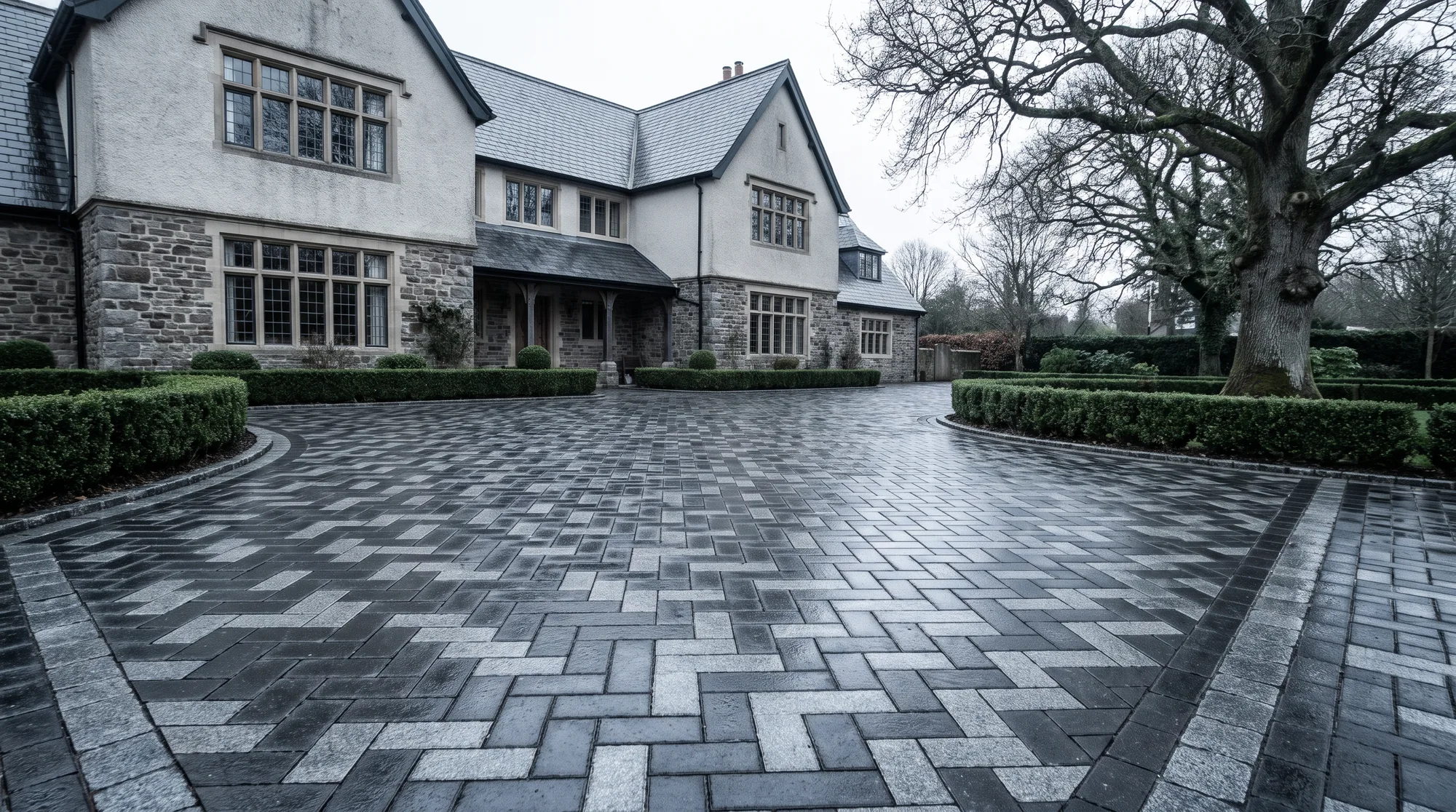 Charcoal block-paved driveway laid in herringbone leading to a Devon stone house