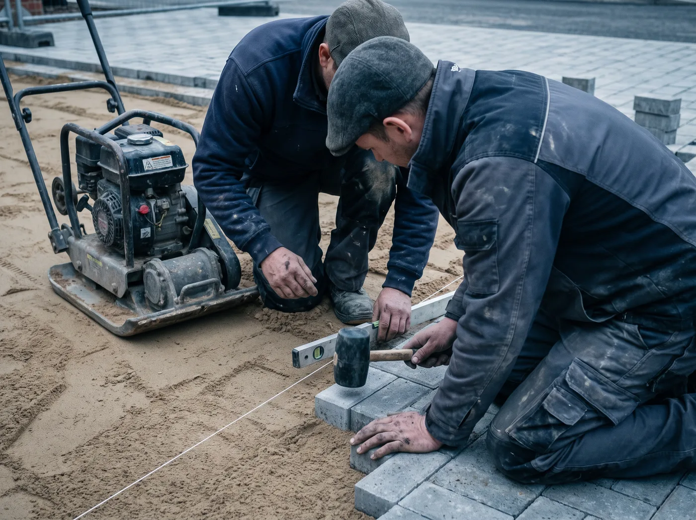 Paving team setting levels during groundwork