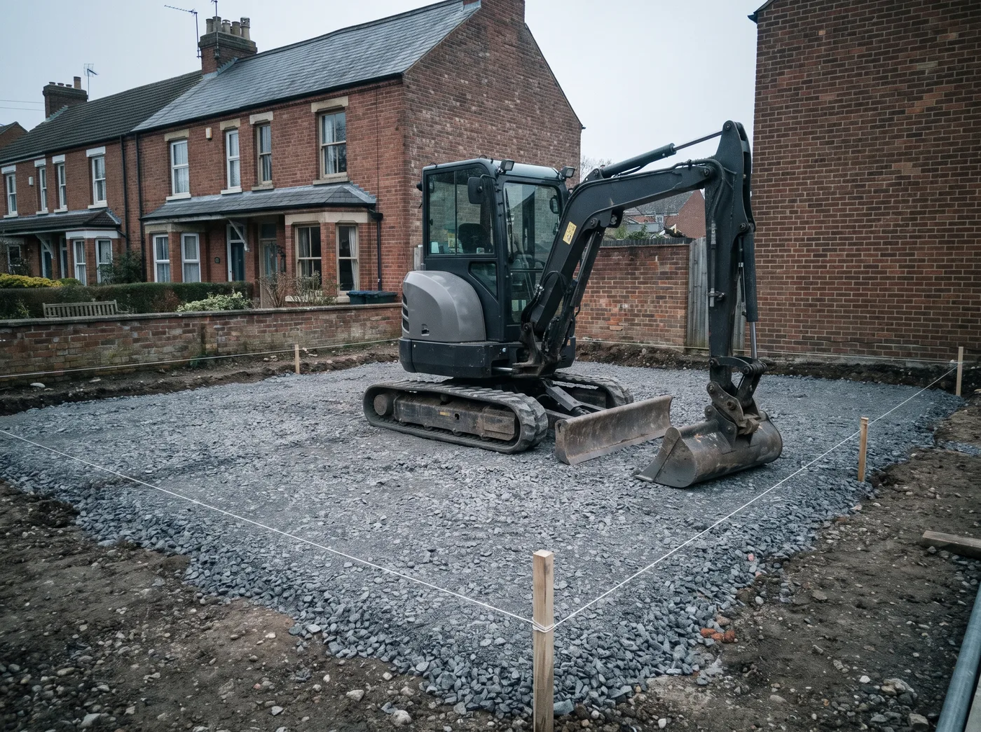 Driveway excavated to a clean grey crushed-stone sub-base with string lines and level pegs