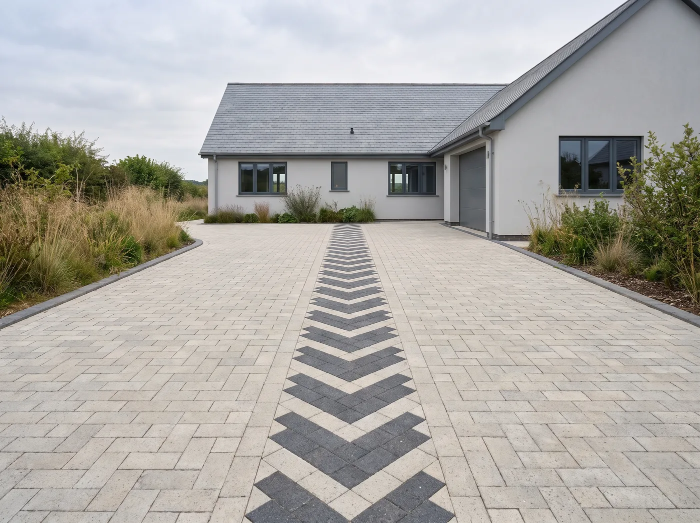 Buff-grey permeable block driveway with a charcoal chevron inlay at a modern Devon house