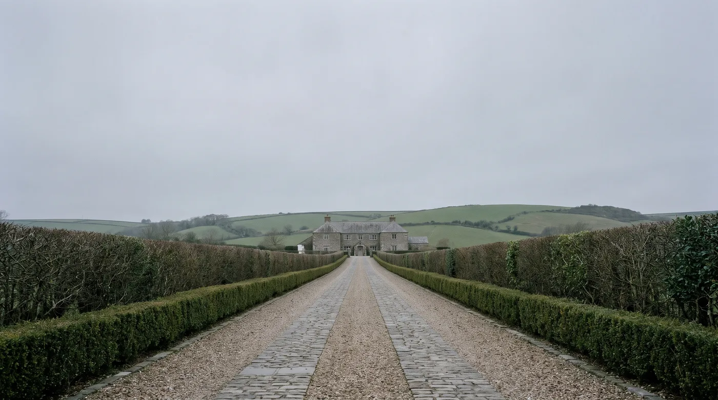 Long hedge-lined stone farm driveway leading to a Devon farmhouse under a grey sky