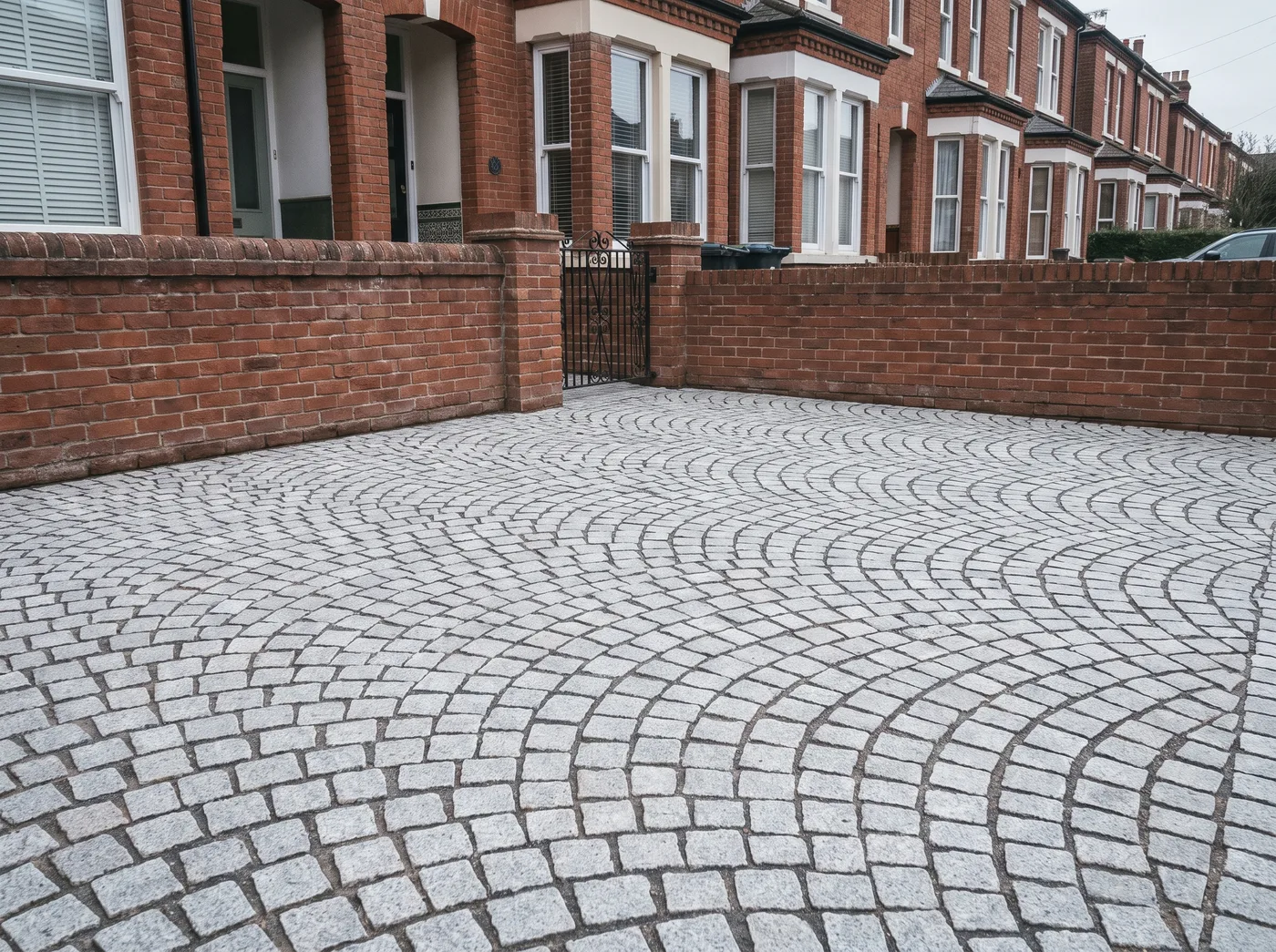 Silver granite sett driveway in a fan pattern outside a Victorian red-brick terrace