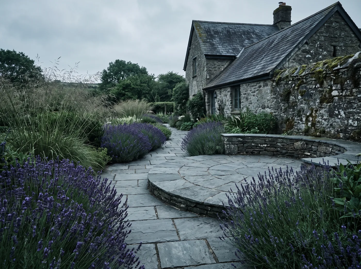 Riven grey sandstone path and terrace with lavender borders beside a Devon cottage