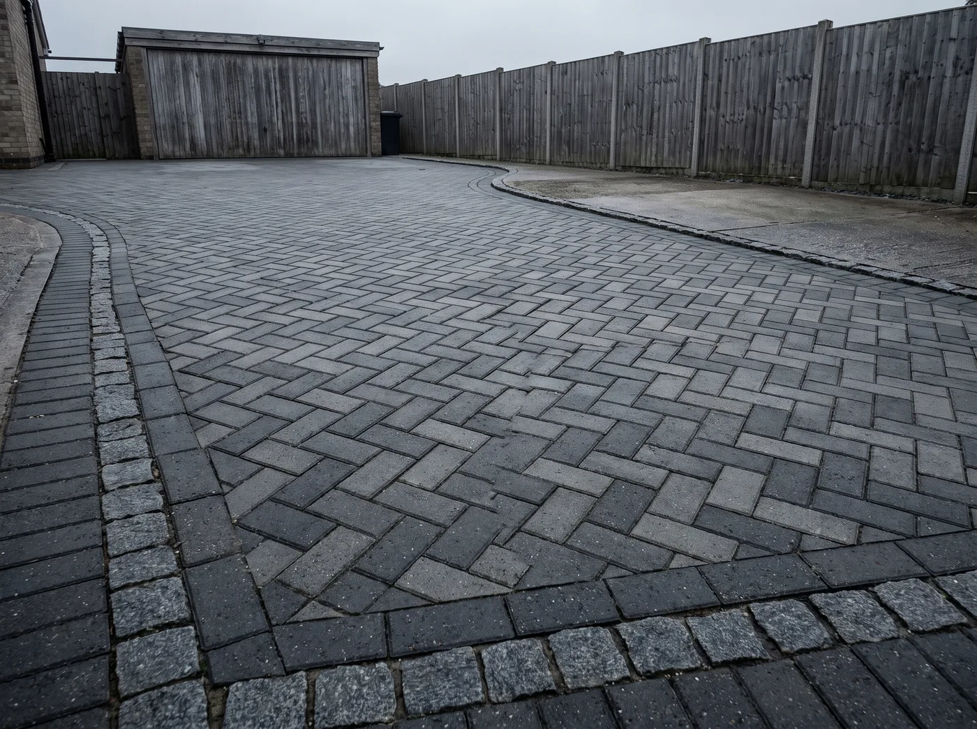 Clay block paving laid in herringbone with a granite sett border