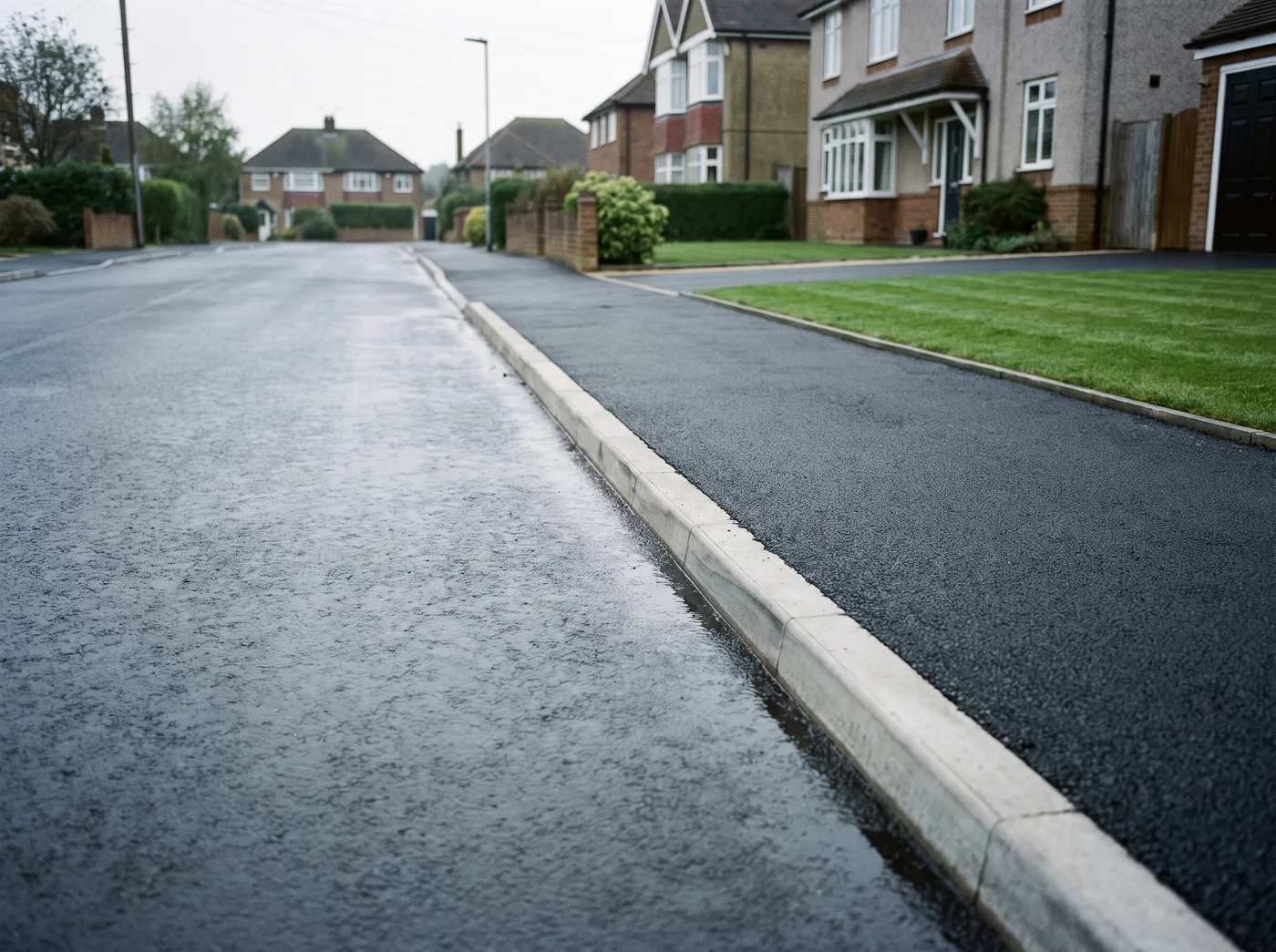 Freshly rolled asphalt driveway meeting a pale concrete dropped kerb